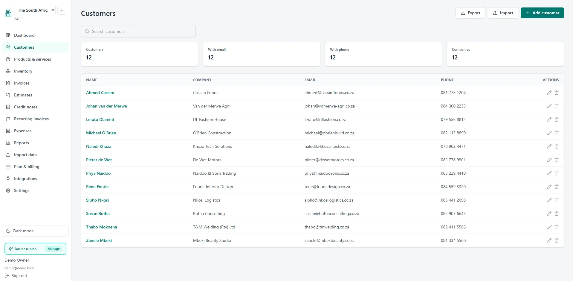 Customers screen